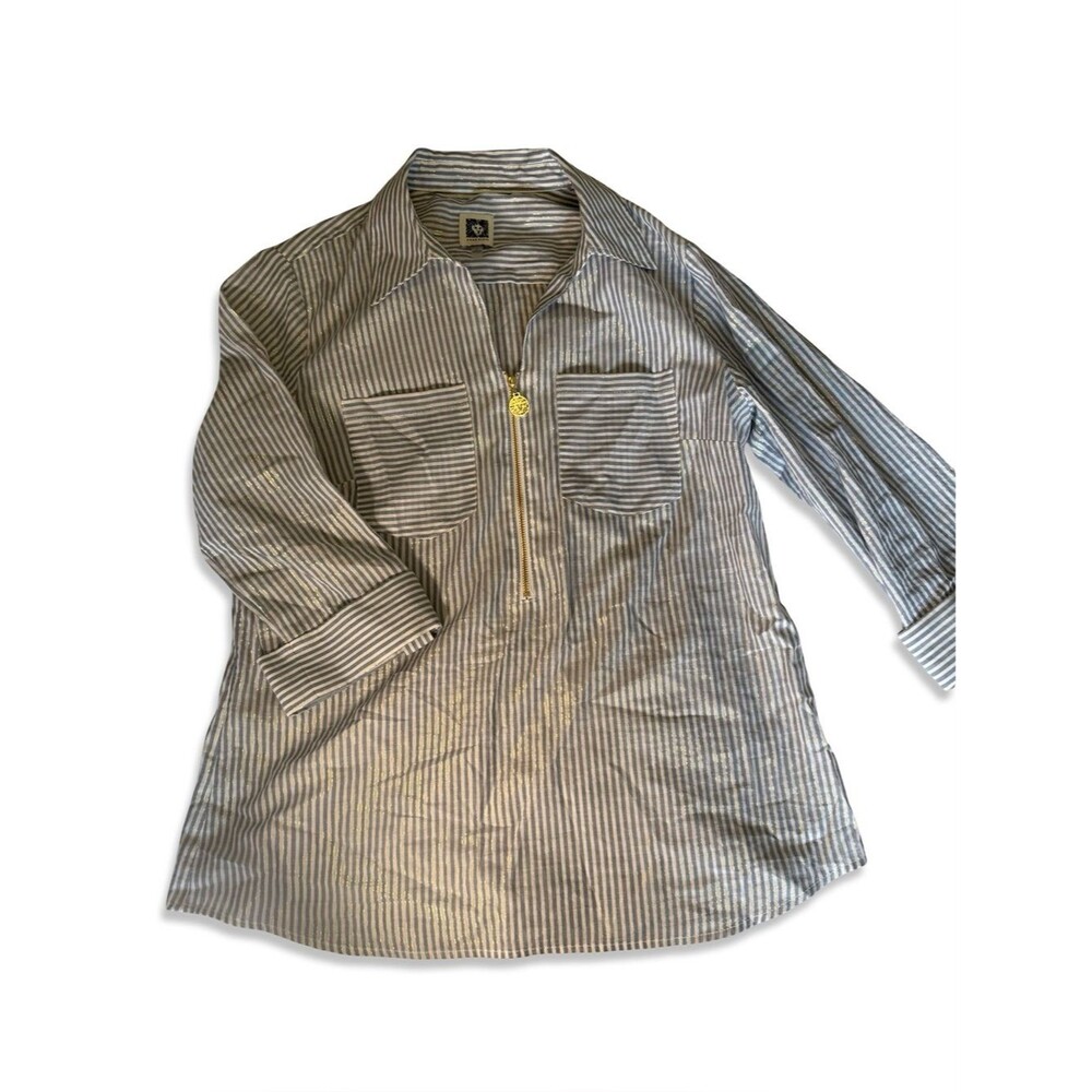 Anne Klein Coastal Shimmer Striped Zip Up Lightweight Top